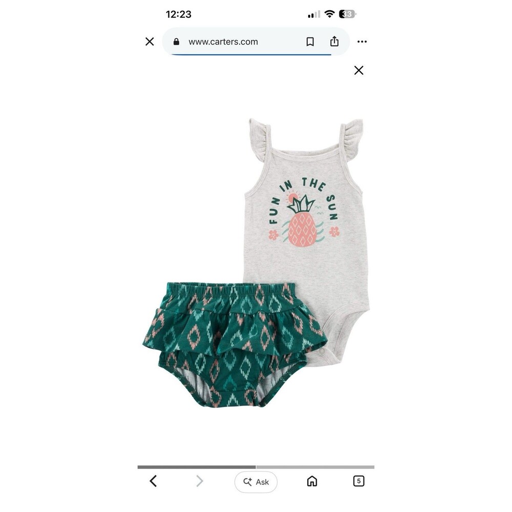Carter's 2 Piece Pineapple Summer Sleeveless Bodysuit & Ruffle Bloomers Set 18M